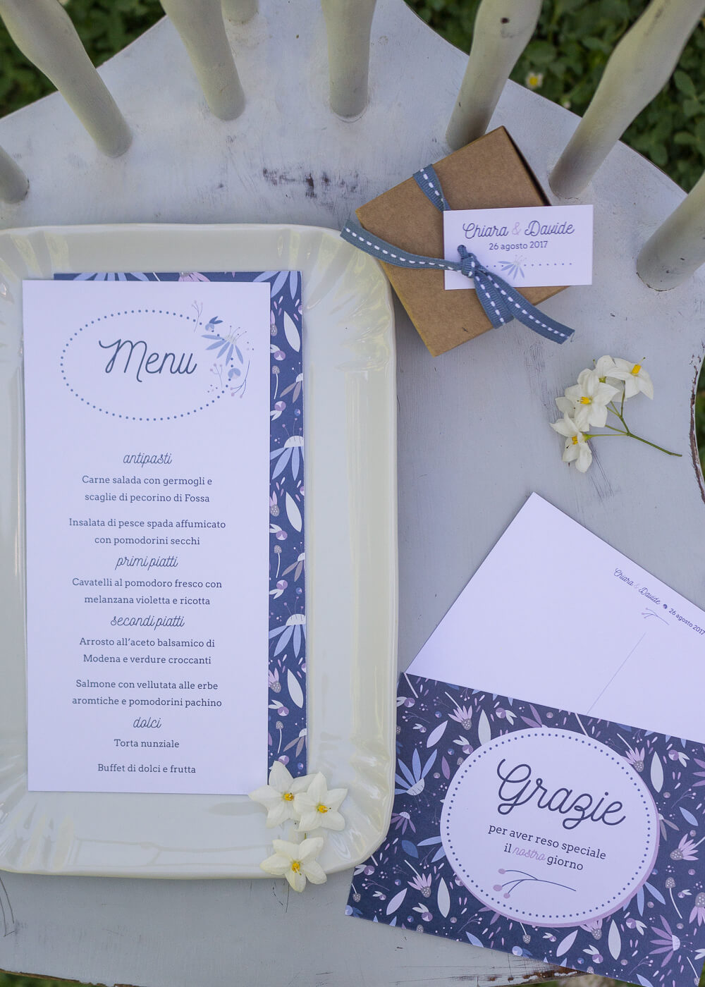 Wedding suite Echinacea - Menù di matrimonio, cartolina "Grazie" e tag bomboniere - Illustrazioni floreali - Lily&Sage Design
